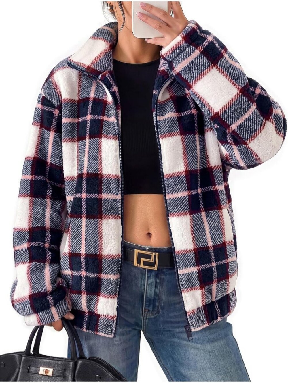 Women's Blue Plaid Long Sleeve ZIP Teddy Coat Oversized Sherpa Fleece Jacket